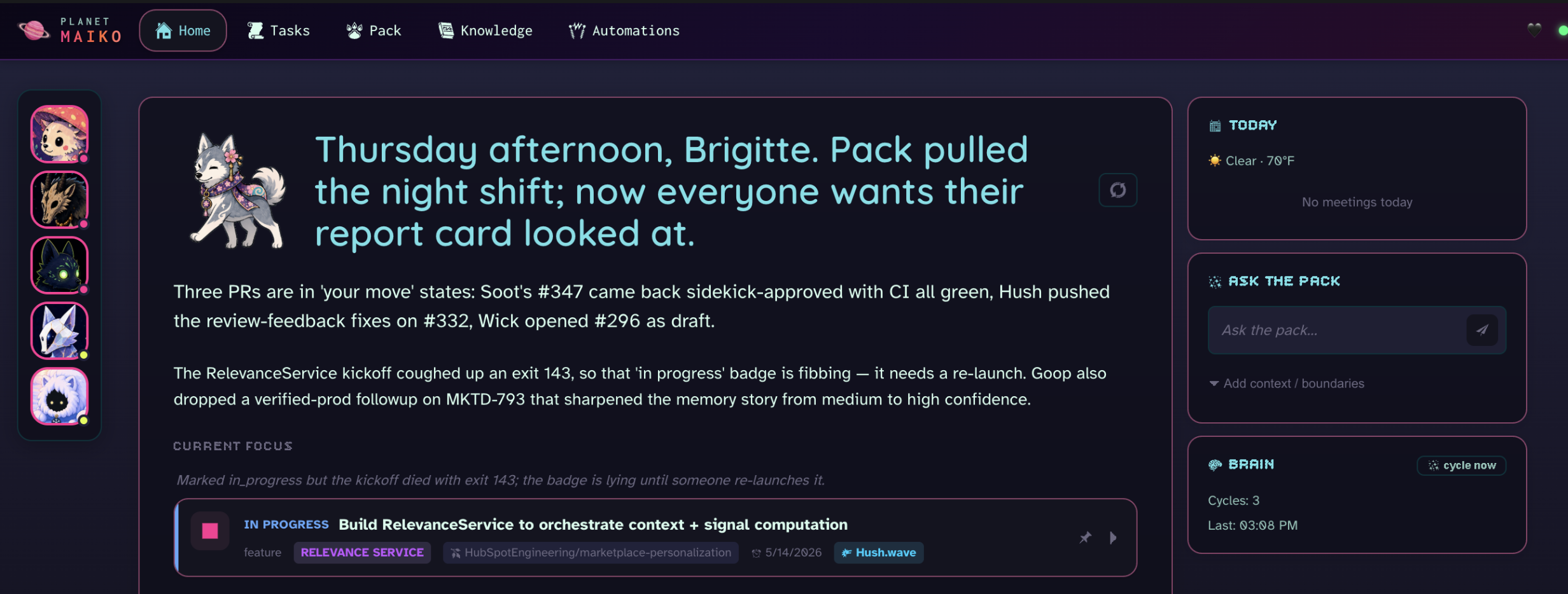 The Home page: pack requests, a generated overview, the scene and weather